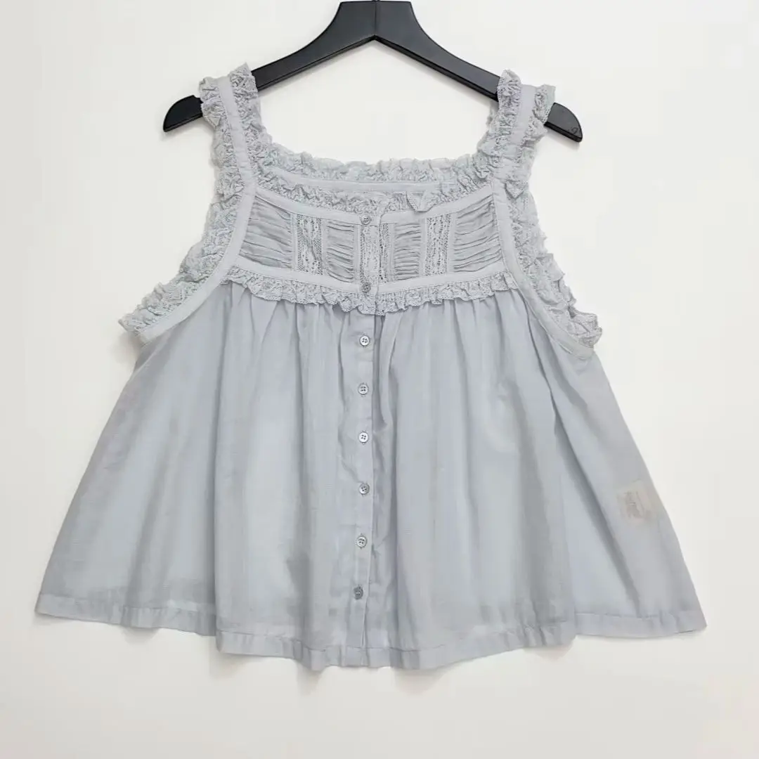 2026 Summer Women Lace Spliced Tank Tops Round Neck Sleeveless Single Breasted Casual Loose 100% Cotton Vest