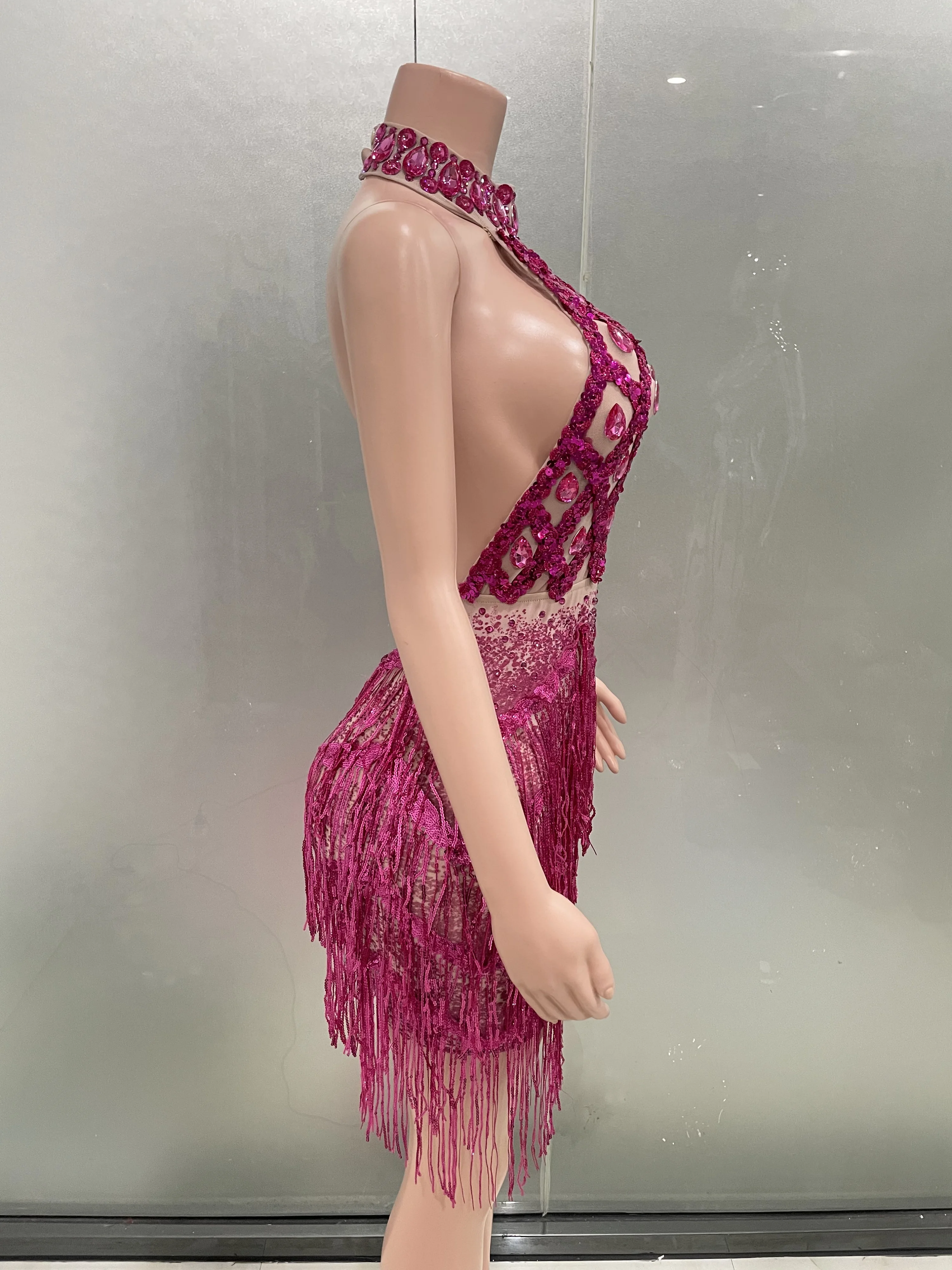 Women Sparkly Rhinestones Tassels Sexy Halter Sheath Mini Dress Evening Party Performance Costume Nightclub Singer Stage Wear