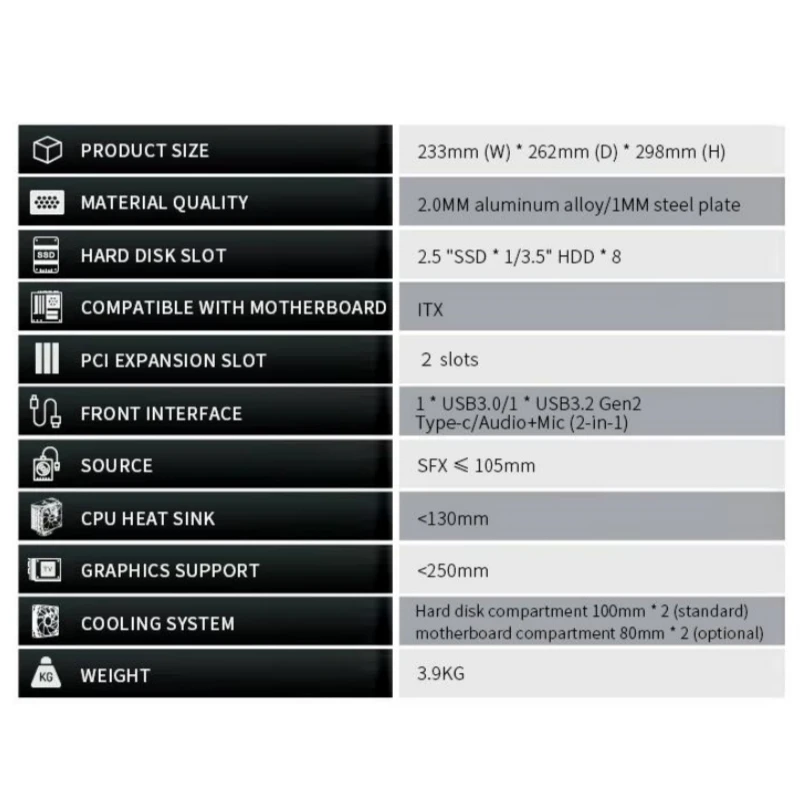 Imagem -06 - Jonsbo-mini Itx Chassis All-in-one Case Suporte 130 Milímetros Cpu Cooler 250 Milímetros Placa Gráfica 100 Milímetros Ventilador Alumínio Disco Rígido