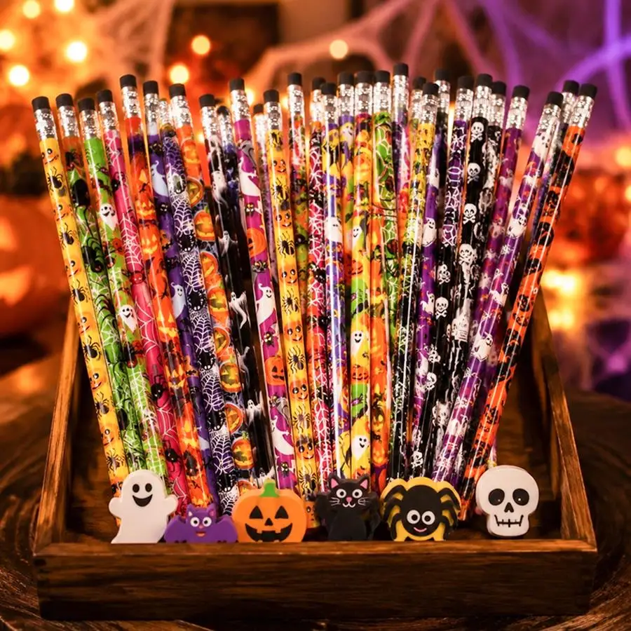 6-36pcs Halloween Decorative Pencils, Cartoon Pattern Wooden Writing Stationery or Trick‑or‑Treat Handouts, Students Drawing XJM