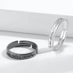 Hot Sale Love Heart Rings Electrocardiogram Modeling Adjustable Black/Silver Color Couple Rings Wedding Valentine'Day Gift