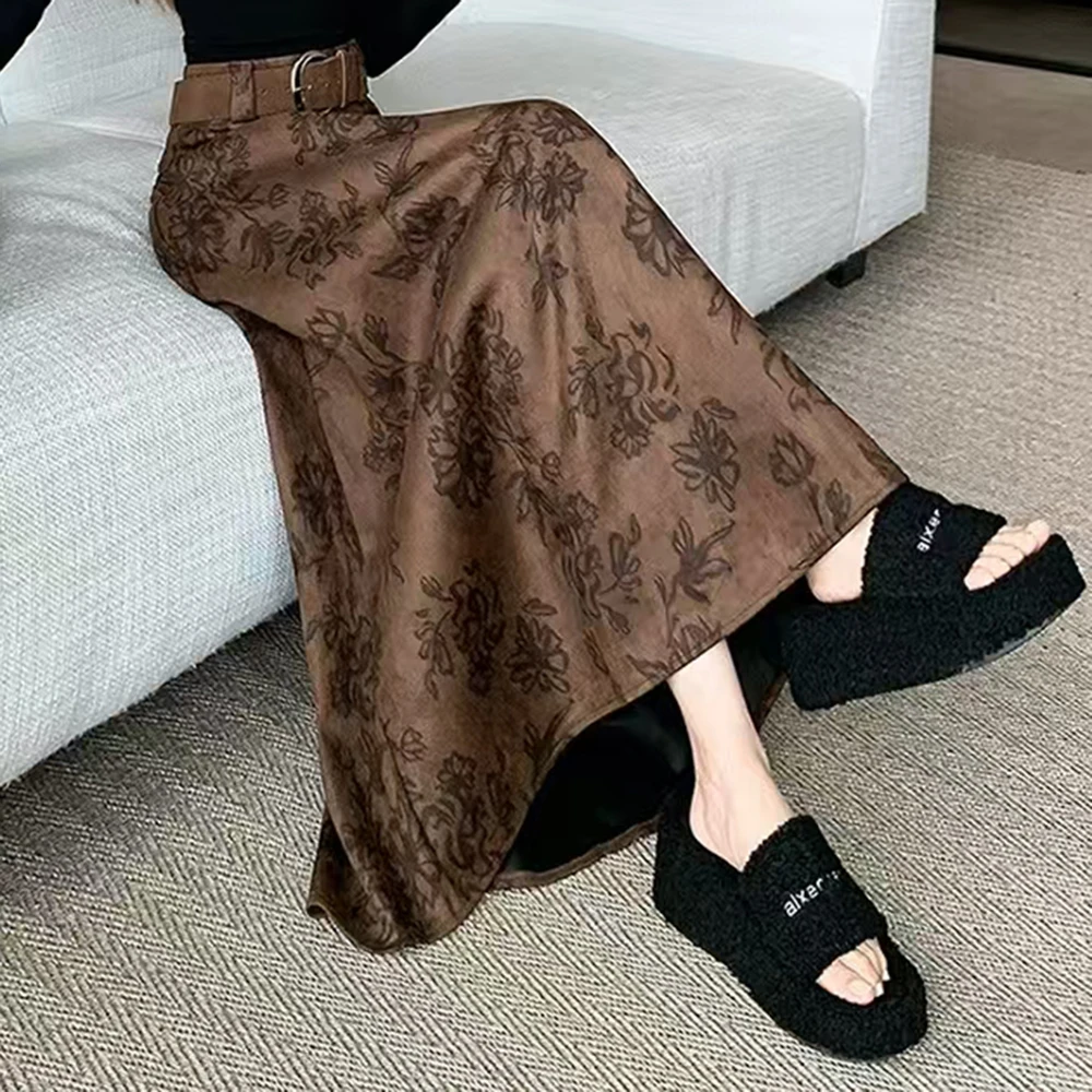 

With belt/celebrity style, shoulder sleeve top, women's thin medium and long suede umbrella skirt. clothes