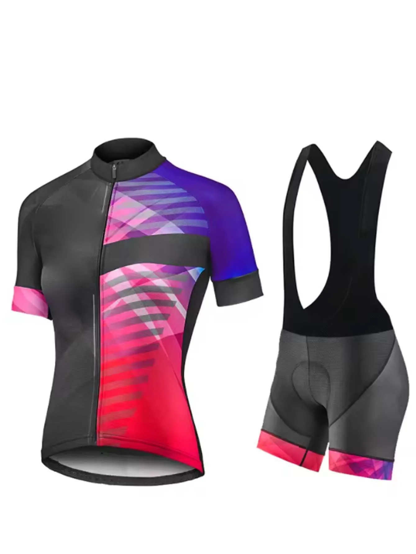 Damen-Radsport-Set mit Stehkragen und durchgehendem Reißverschluss, Kurzarmtrikot mit schwarz-weißen Trägerhosen, schnell trocknend, atmungsaktiv, 2-teilig