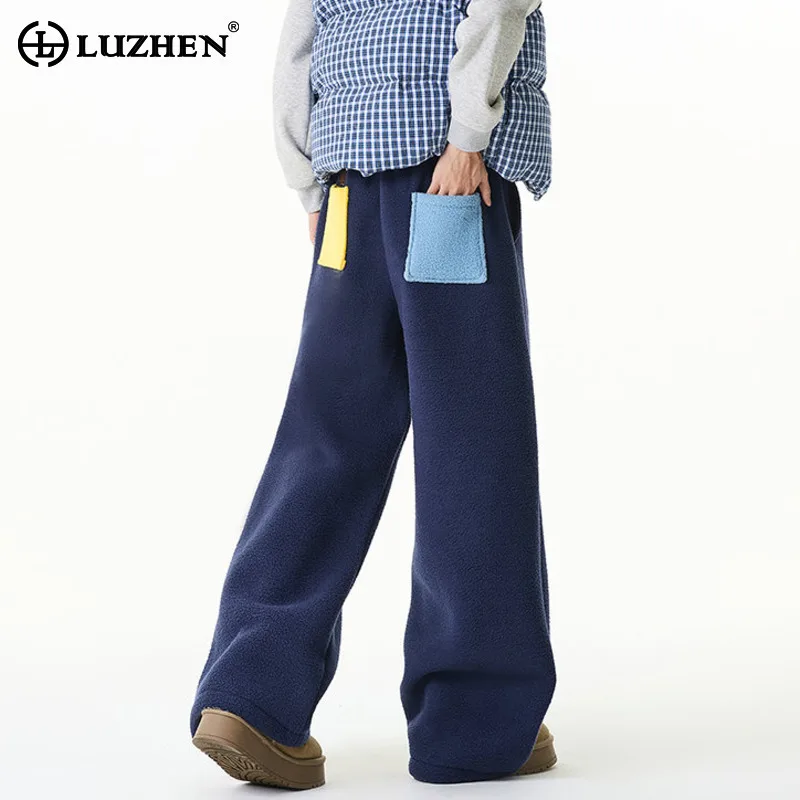 

LUZHEN Winter Fashion Brushed Liner Casual Pants Men's 2025 Solid Color Pockets Decorate Straight Elastic Waist Trousers JY5046