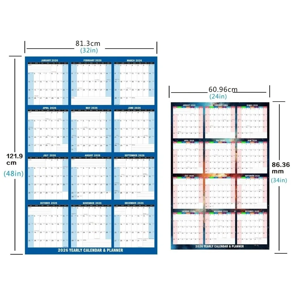 Calendário de parede reutilizável de 12 meses, montagem na parede 32x48 em grande calendário laminado com adesivos, canetas, calendário apagável a seco, uso em escritório