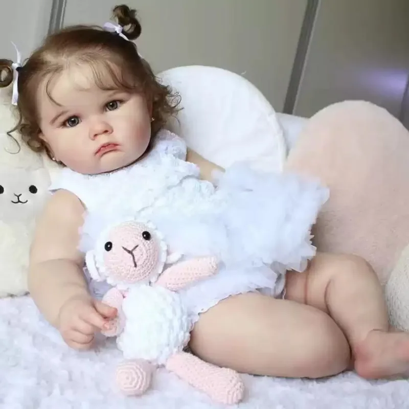 60cm Super Realistic Silicone Reborn Baby Doll Girl Curly Hair White Tulle Romper with Sheep Plush Toy Kids Gift