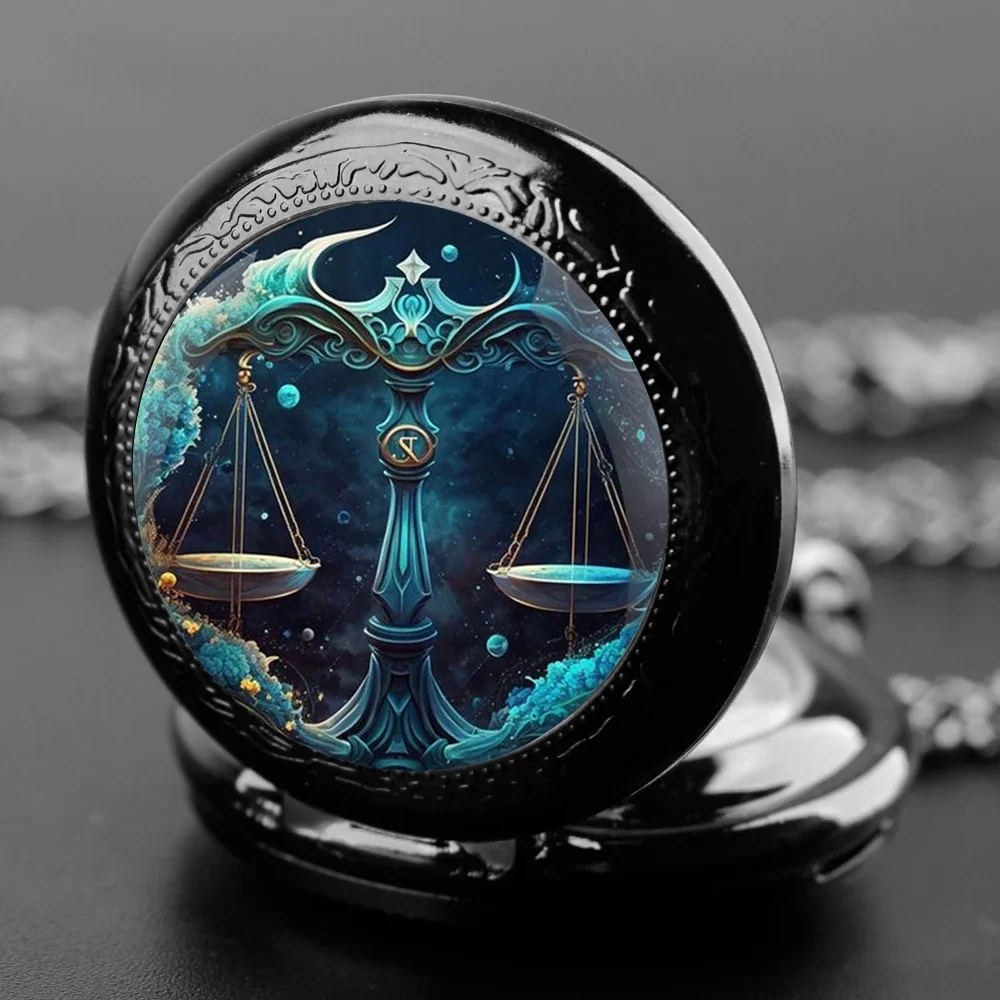 Libra star sign Design Glass Dome Vintage Quartz Pocket Watch Men Women Pendant Necklace Chain Charm Clock Watch Jewelry Gifts