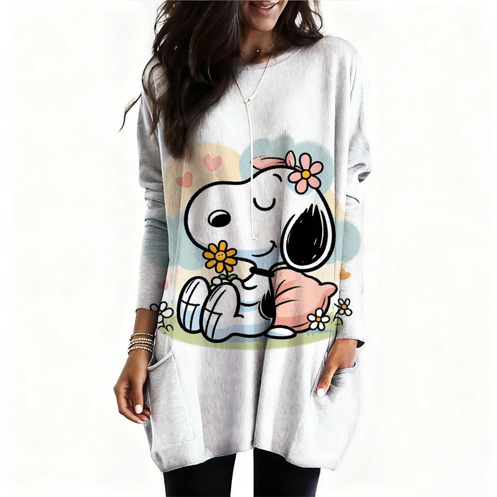 Snoopy imprimé T-Shirt femmes mode décontracté surdimensionné à manches longues T-shirt femmes vêtements hauts t-shirts tunique Mujer robe ﻿