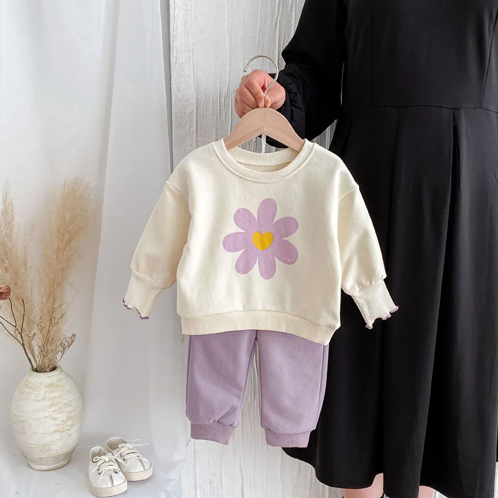 MILANCEL Autumn Kid's Pullover Set Korean Style Girls Flower Print Hoodies Suit O-neck Top+Pants 2Pcs Children's Outfit