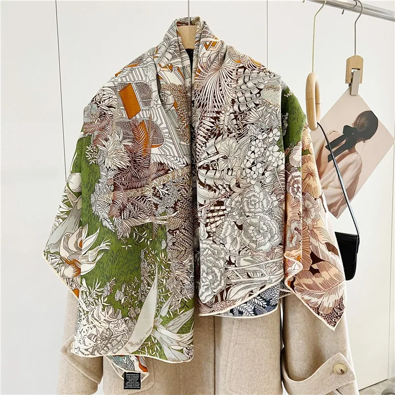 2023 Wool Scarves Wraps Double-Sided Print Womens Large Square Blanket Scarf Shawl Echarpe 130*130cm