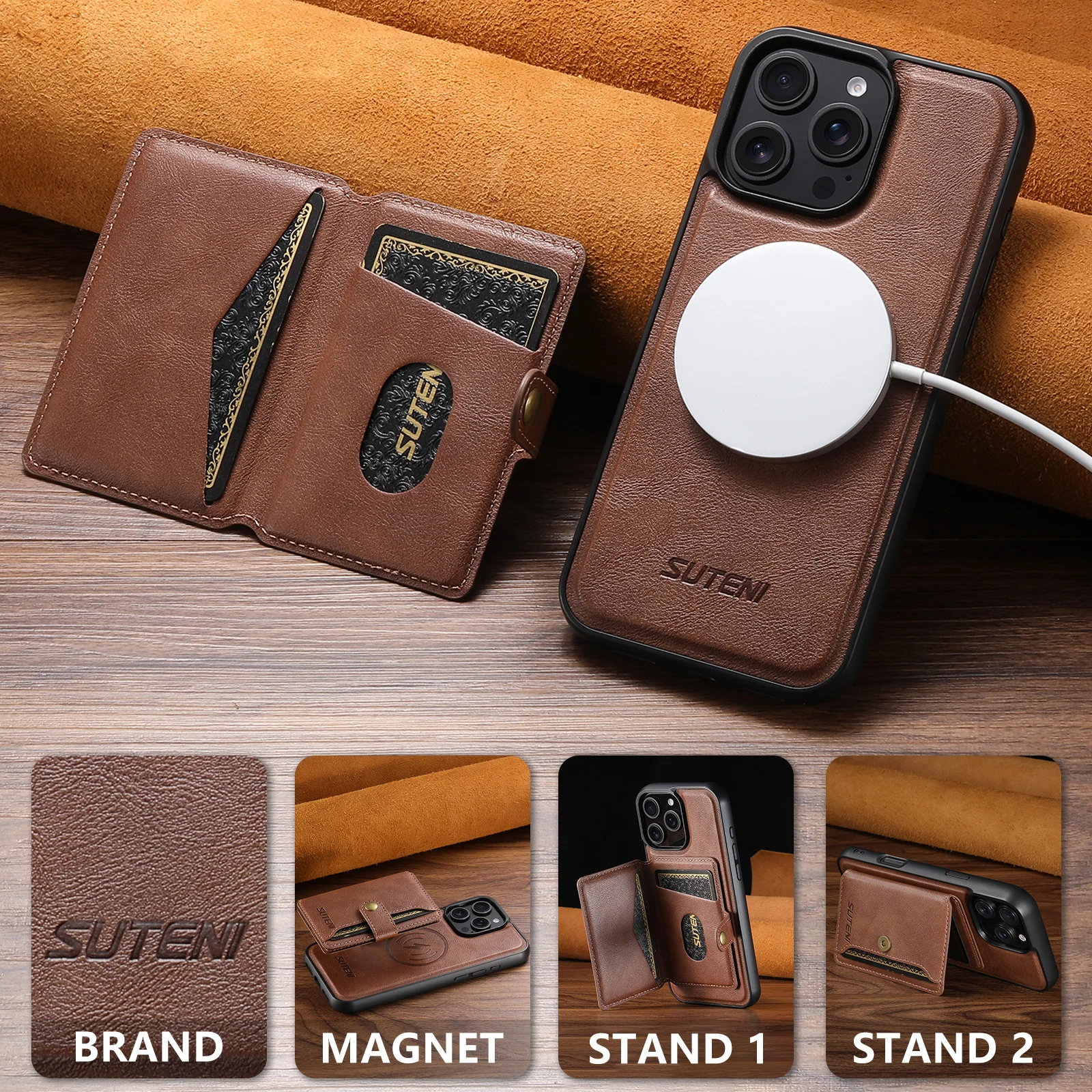 SUTENI Kabelloses Laden Luxus Kunstleder Magnet Handyhülle Kartenhalter Ständer für iPhone 18 Pro Max 16 Plus 15 Pro 14 13