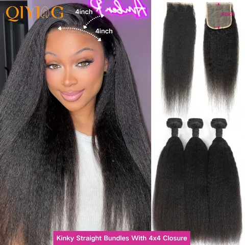 Kinky Straight Human Hair Bundles With 4x4 Transparent Lace Closure 12A Brazilian Virgin Remy Yaki Straight Weave Hair Bundles With Closure Natural Black 3 Bundles Human Hair Extensions For Black Women