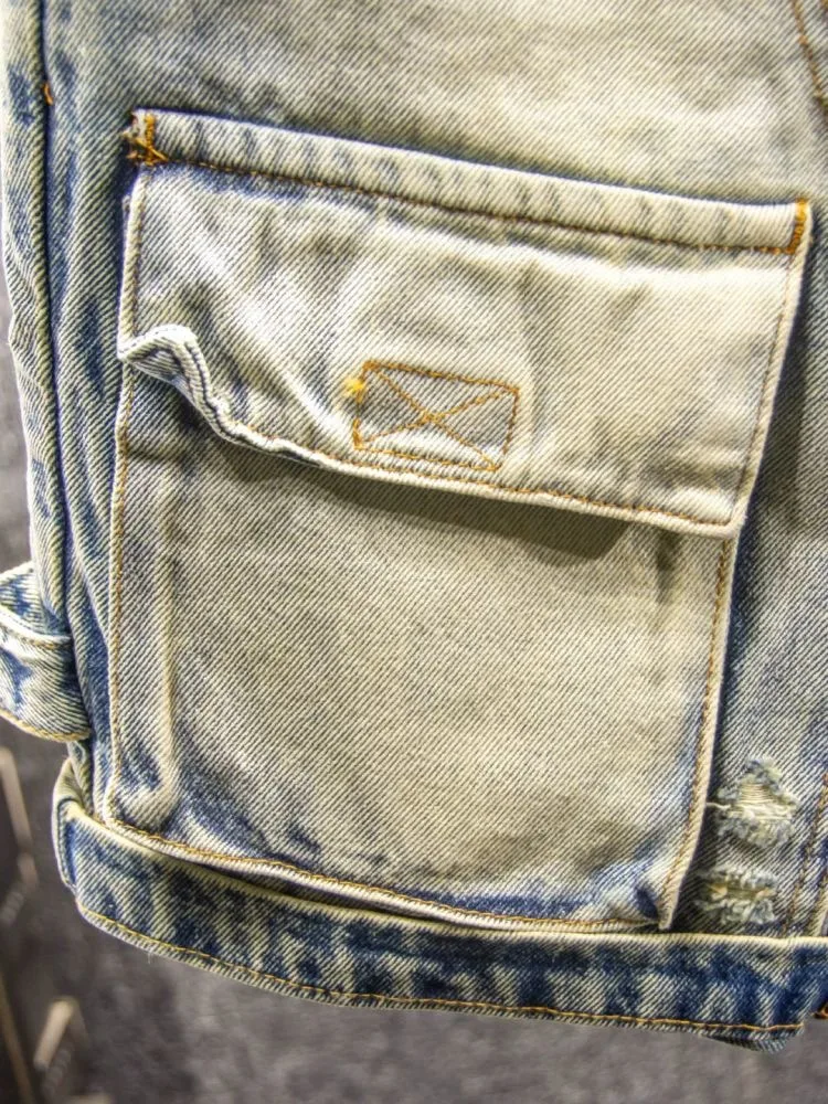 ヴィンテージ穴デニムショーツ男性マルチポケットパッチワークカーゴショートパンツストリートファッショングラデーションジーンズ夏のカジュアルショーツ