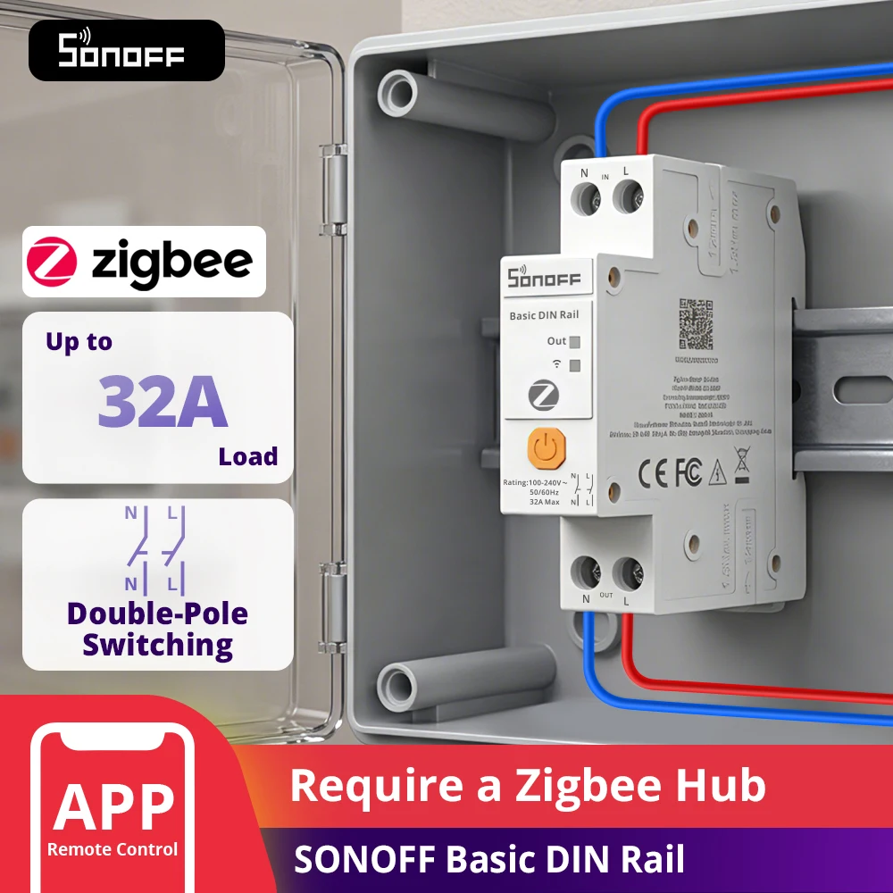 SONOFF BASIC-ZB1GSP Basic DIN Rail Zigbee 3.0 Smart Switch 32A High-Load Circuit Energy Monitoring Double-Pole Safety Switching