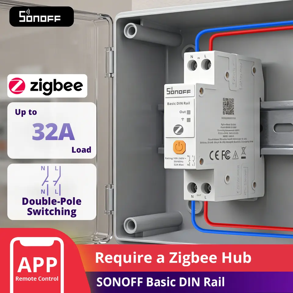 سونوف BASIC-ZB1GSP سكة DIN الأساسية مفتاح ذكي Zigbee 3.0 32A دائرة تحميل عالية مراقبة الطاقة تبديل أمان مزدوج القطب
