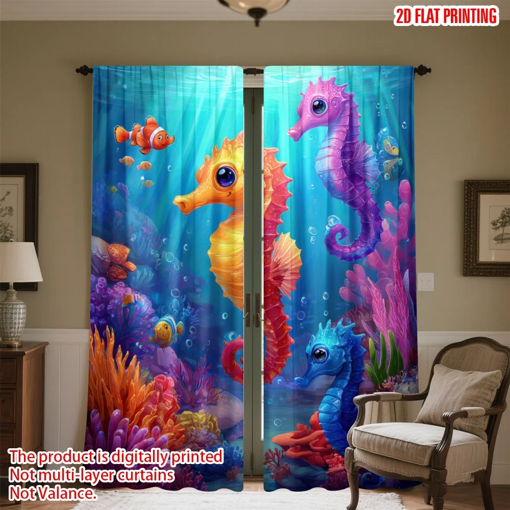 

2D flat printing 2pcs Curtains Colorful Seahorses Underwater Digital Printed Polyester Drapes Festive Holiday for New Year