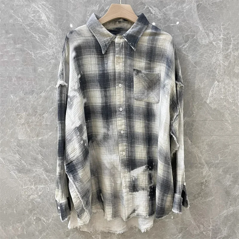 women\'s clothing trend 2024 autumn new washed and worn Women\'s shirt pure cotton long sleeved top Plaid printed women\'s blouses