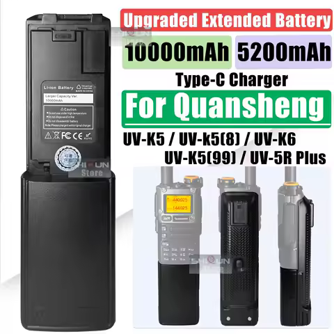 Quansheng UV-K6 Walkie Talkie Battery UV-K5 Upgraded Extended Battery 5200/10000mAh Type-C Charger For UV-K58 UV-5R Plus Radios