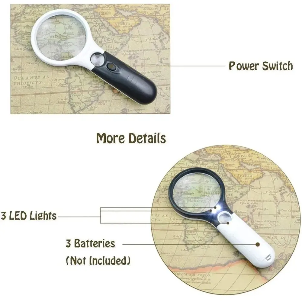 White Magnifying Glass Handheld 45X Magnifier With 3 LED Light For Reading Magnifying Glass Jewelry Loupe