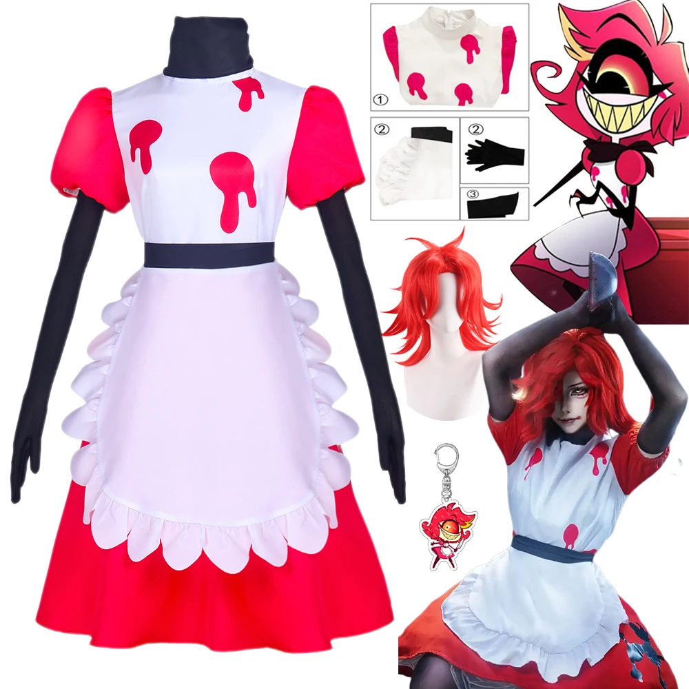 

Anime Hazbin Niffty Cosplay Costume Red Hoter Maid Dress Apron Niffty Wig Halloween Carnival Women Girls Cos Outfit 코스프레 disfraz