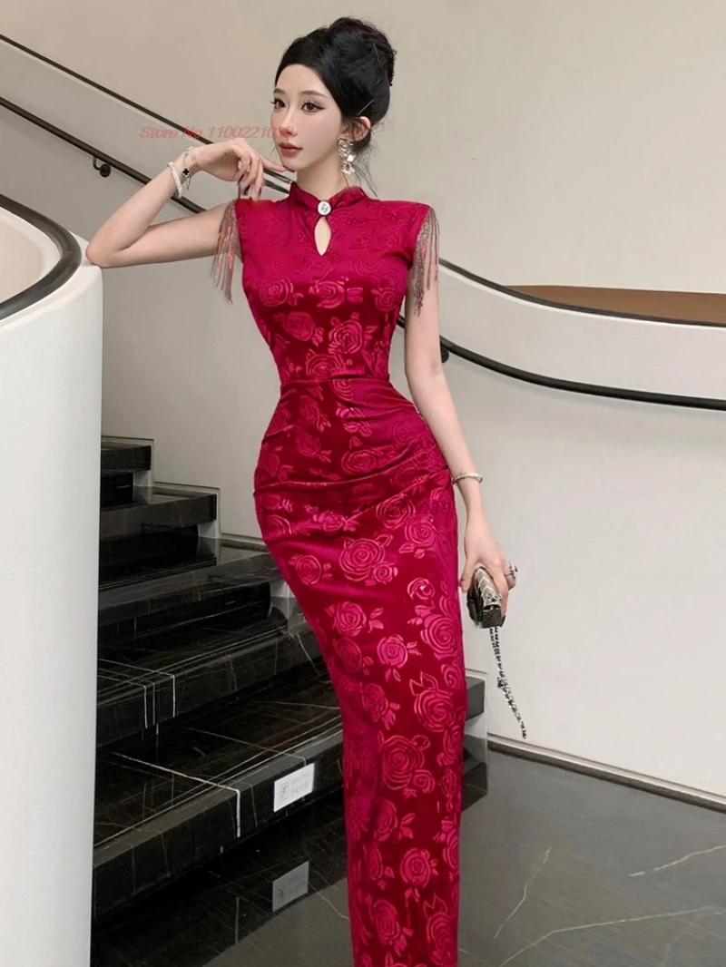 

2025 chinese improved cheongsam sleeveless velvet embossing qipao evening party dress traditional banquet qipao nightclub dress