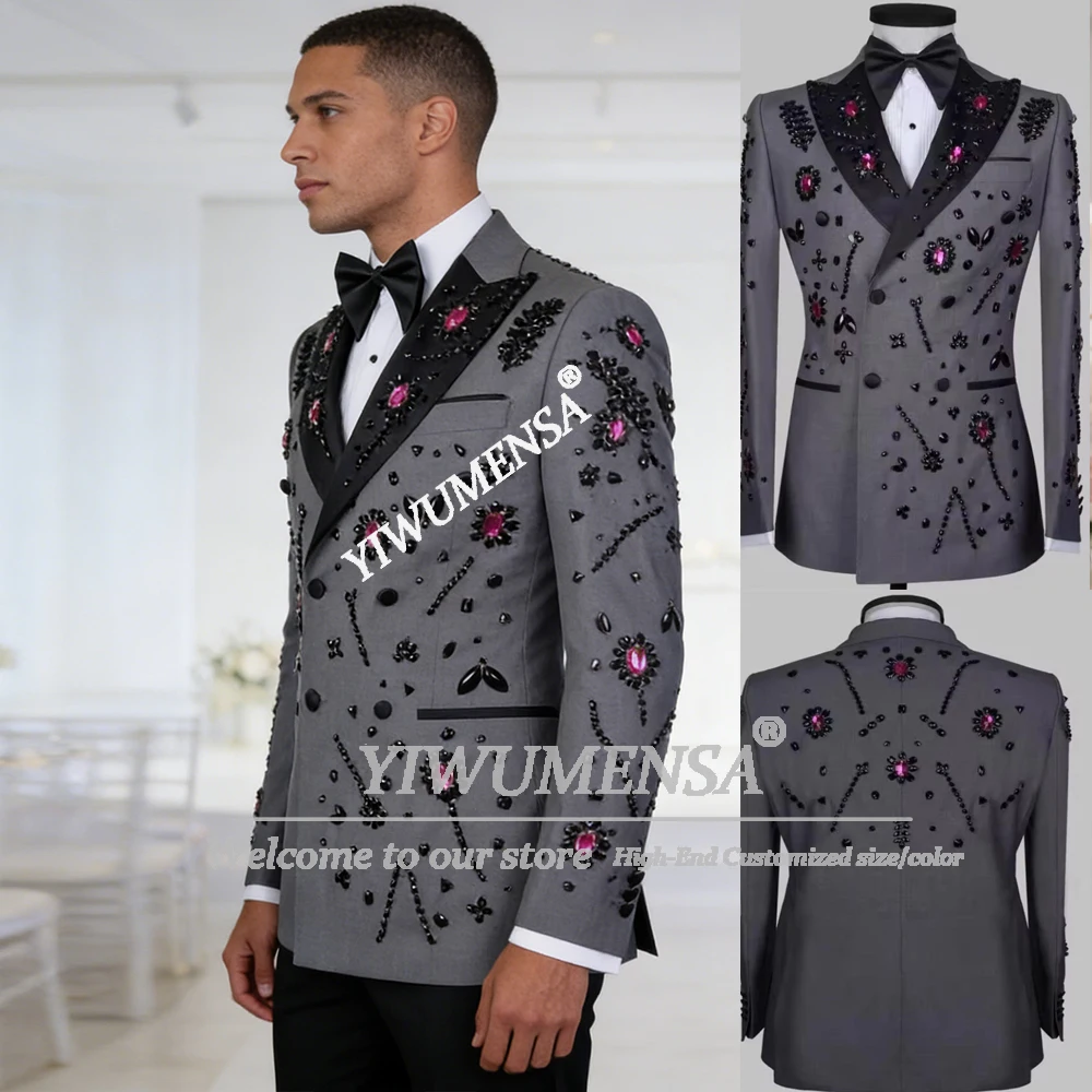 

Rhinestones Beaded Suit Attire For Men Double Breasted Jacket Pants 2 Piece Sets Groom Banquet Wedding Tuxedo Trajes Para Hombre