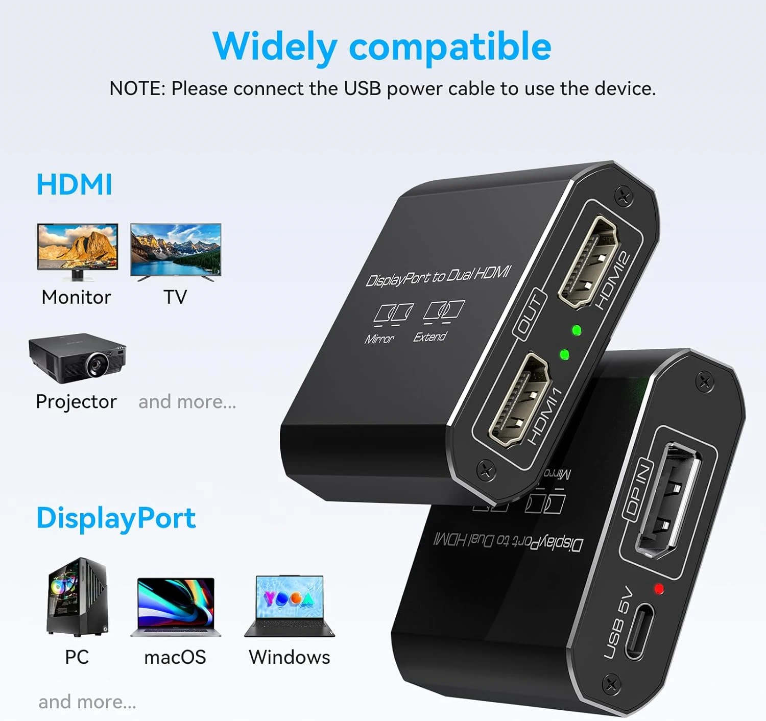 Navceker Displayport to Dual HDMI Adapter 4K 60Hz Mini DP to HDMI Splitter 1 In 2 Out MST Extended Mode for Computer Laptop PC