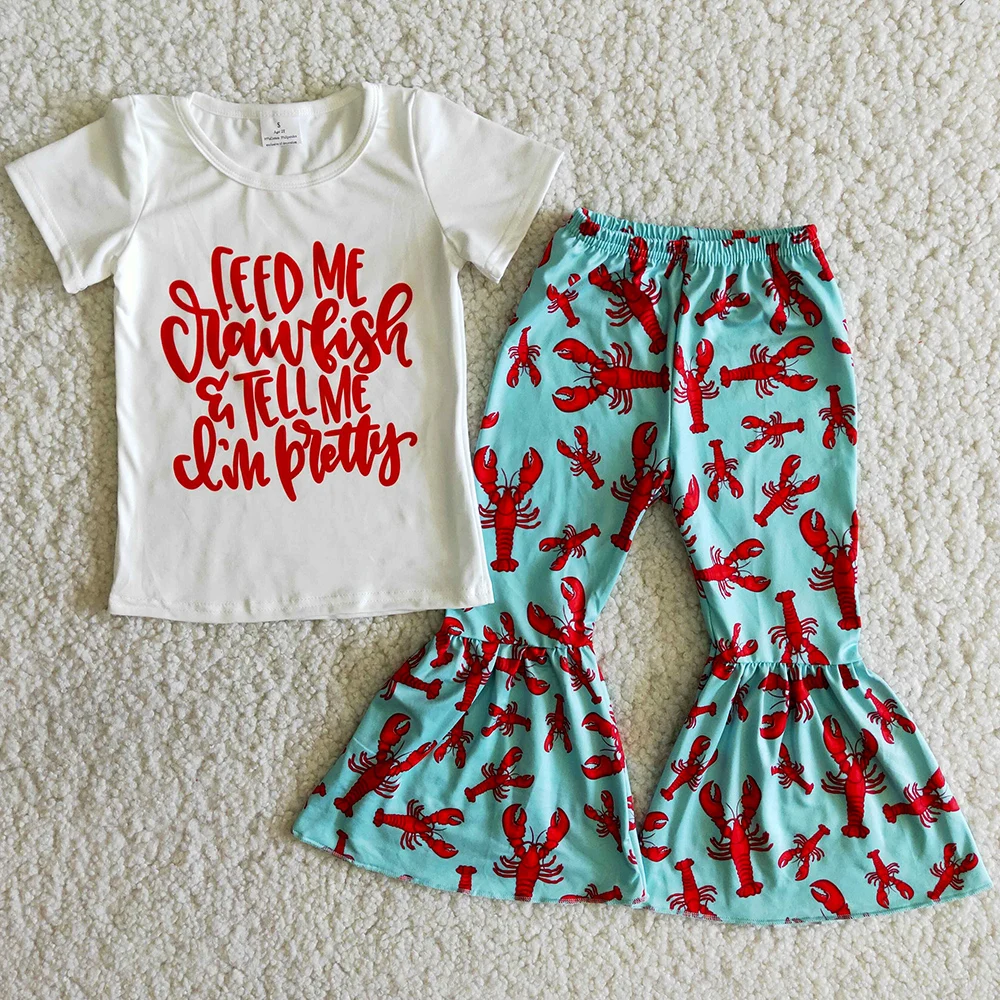 Hot Sale Baby Girl Clothes Short Sleeve Bell Pants Set Crawfish Print Cute Kids Clothes Girls Boutique Outfits Spring Wholesale