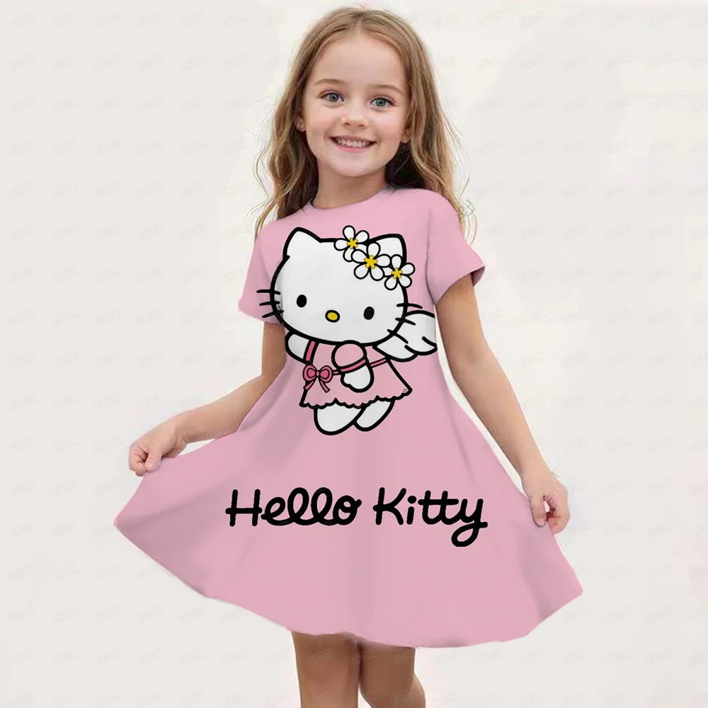 Summer New Children's Clothing HelloKitty Printed Short-Sleeved Dress 3-14 Years Old Girls Casual Breathable Princess Dress 2024