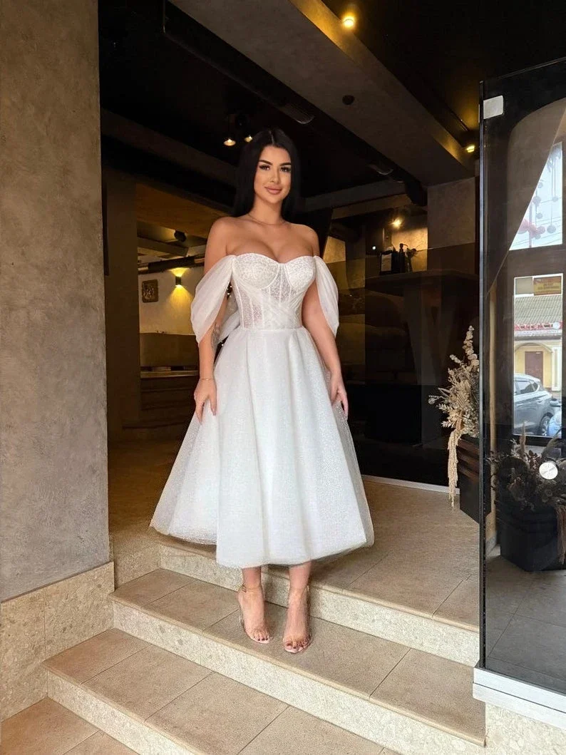 Vestido de novia con corsé Elopement, vestidos de novia largos hasta el té, vestido de despedida de soltera corto y brillante, vestido de novia sencillo