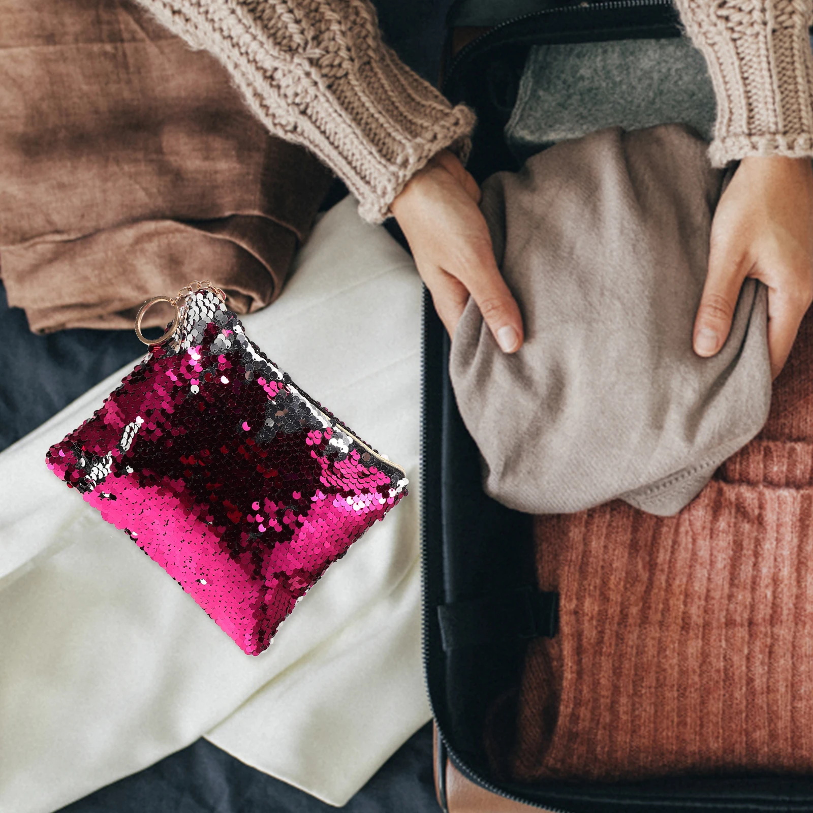 

Fashion Bag Rosy Silver Sequined Woman Handbag Zipper Coin Purse Storage Organizer Party Everyday Use