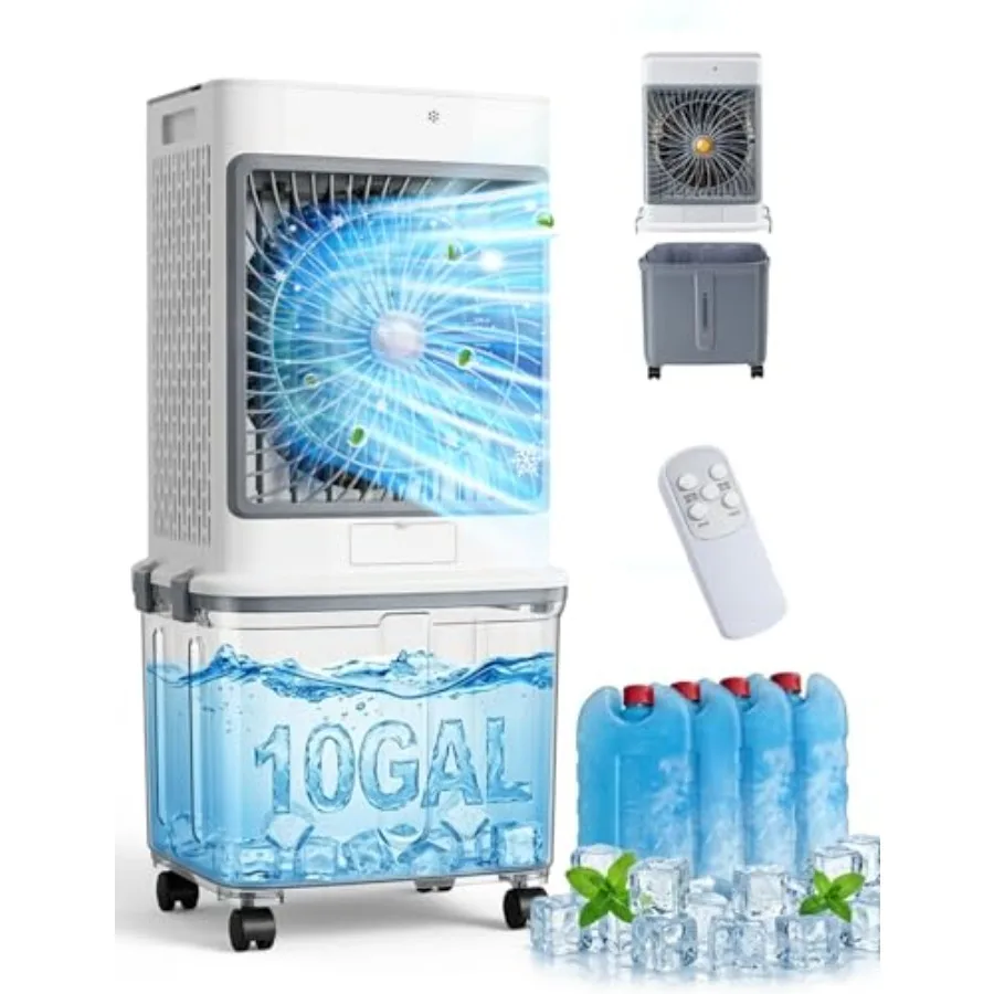 Portable air conditioners for garage/patio/workshop use, plastic housing, white, 10-gallon detachable tank with remote and time