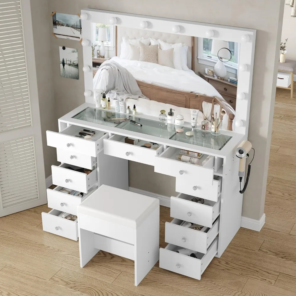 

Vanity Desk & Power Outl, Makeup Vanity with Mirror and 12 LED Lights, Makeup Table with 11 Drawers, Vanity Table with Chair
