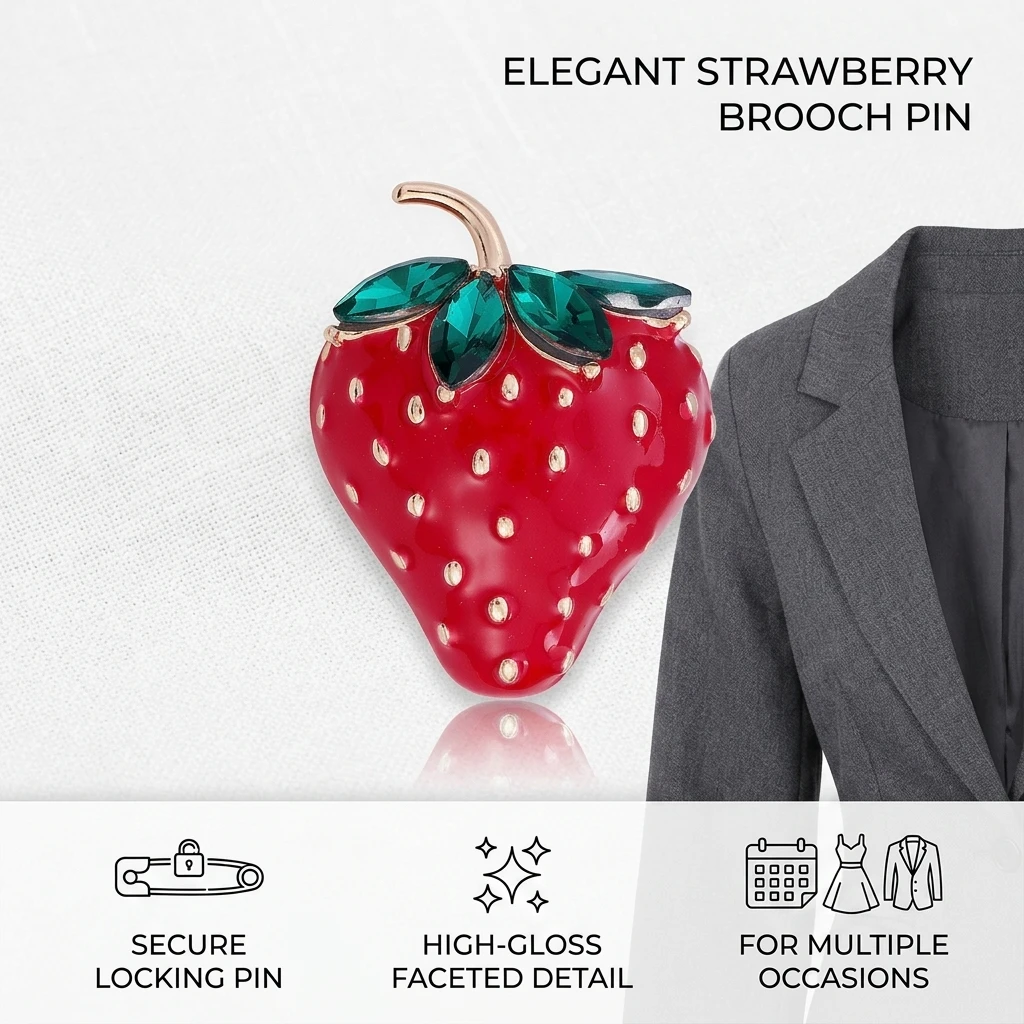 Strawberry Brooch Alloy Resin Pin Cute Fruit Jewelry Secure Locking Lapel Badge for Party Gift Women Teens Lightweight
