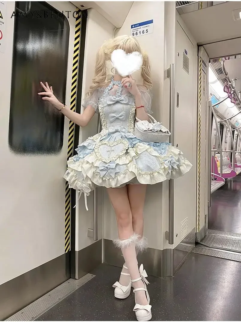 Doce diário lolita jsk princesa vestido de baile bonito arco tubo superior fino em camadas bolo vestido para mulheres gracioso vestido de festa verão