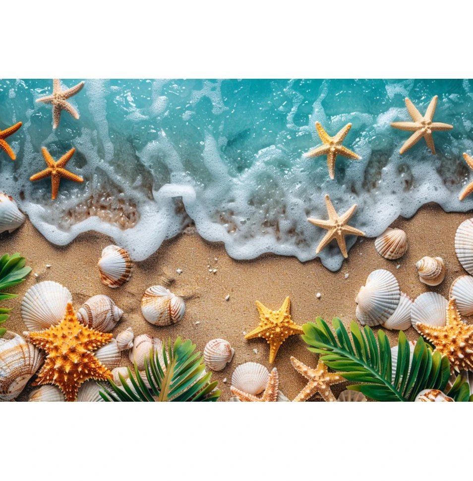 Fondo de playa de verano, playa de arena, concha, Concha, estrella de mar, fiesta de cumpleaños, retrato de vacaciones para bebés y niños, fondo de fotografía