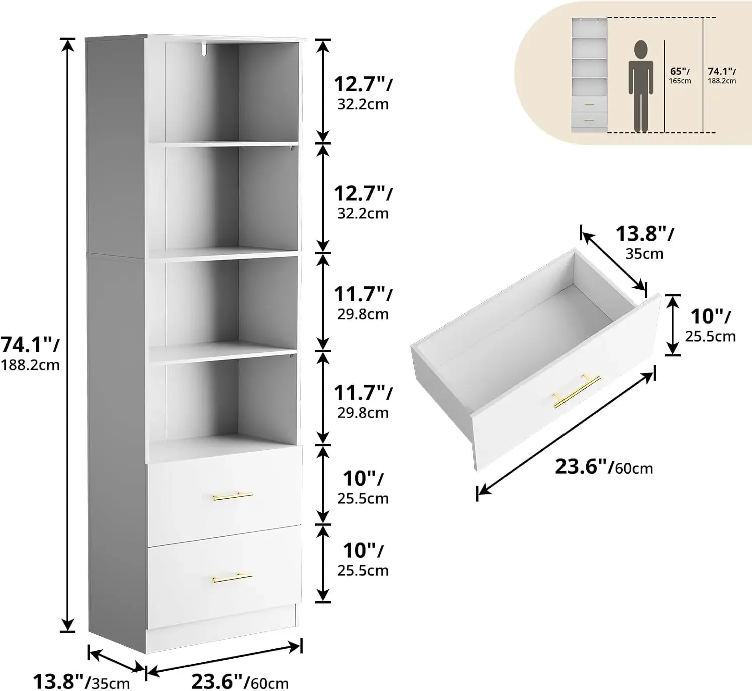 Bookcase with Drawers, 4 Shelf Bookcase with Adjustable Shelve, 4-Tier Freestanding Tall Bookcase, White Bookshelf for Bedroom,