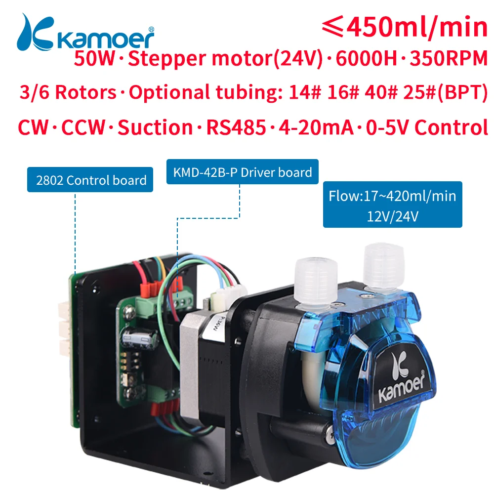 

Kamoer 450ml/min KCM-ODMA Mini High Flow Peristaltic Pump 24V 12V with Stepper Motor Dosing Pump 3/6 Rotors for Lab and Filling