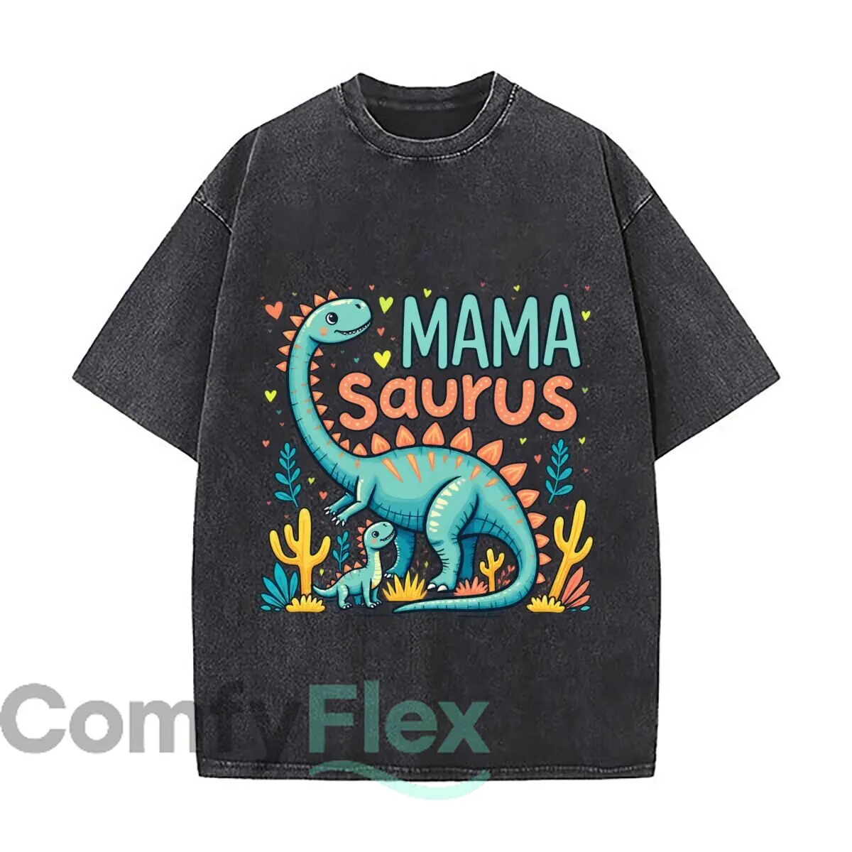 Mama Saurus Dinosaur Mom Baby Hearts Cactus Distressed Vintage Oversized Streetwear Tops for Coffee Dates
