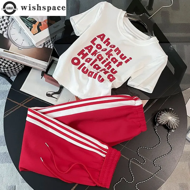 Round Neck Slim Fit Short Sleeved Sports Suit Women's Summer Korean Version Casual Pants Stylish Two-piece Set