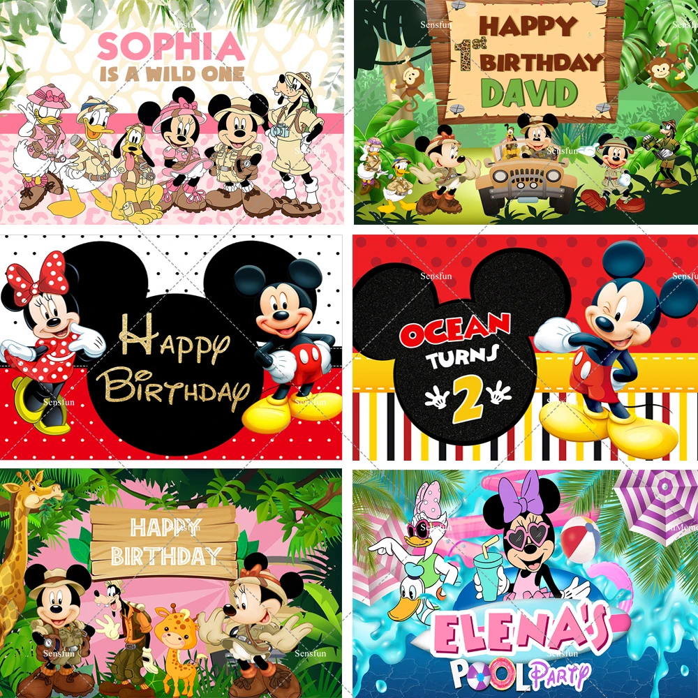 Safari Mickey Minnie Backdrop For Boy Girls Jungle Birthday Party Decoration Summer Beach Clubhouse Photography Backgrounds