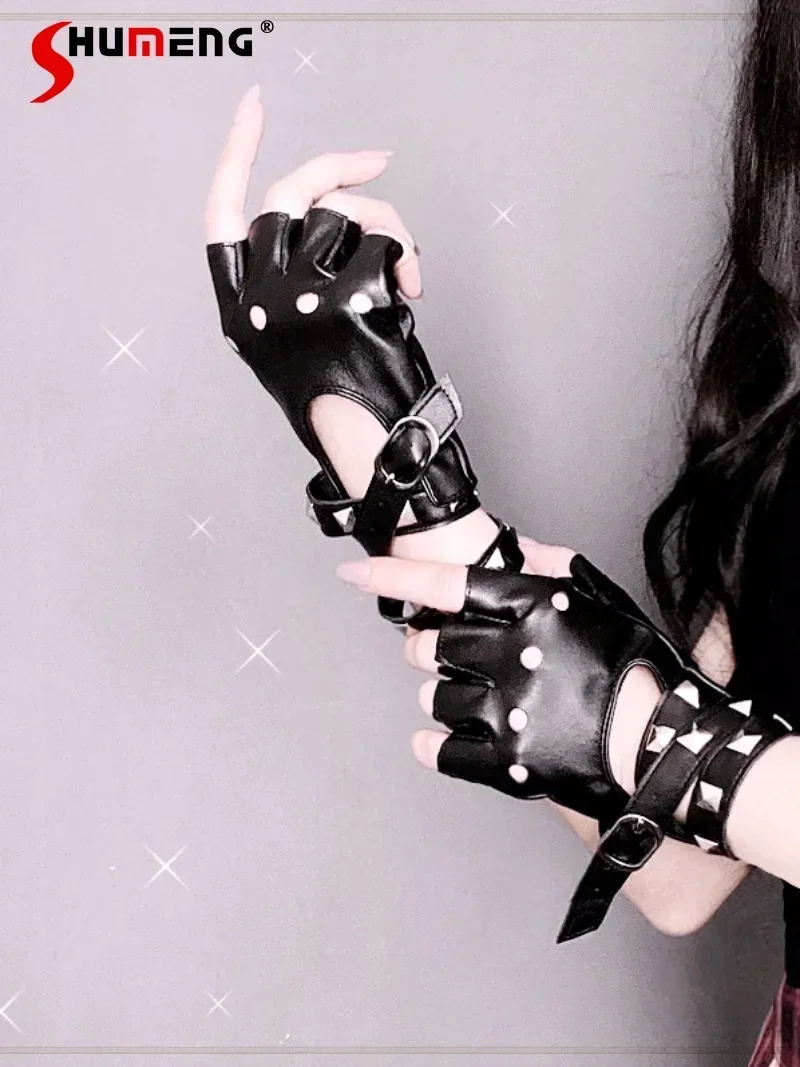 

Lolita Punk Goth Steam Strap Rivet Half Finger Leather Gloves Hot Girl Locomotive JK Streetwear Fashion Hip Hop Rock Gloves