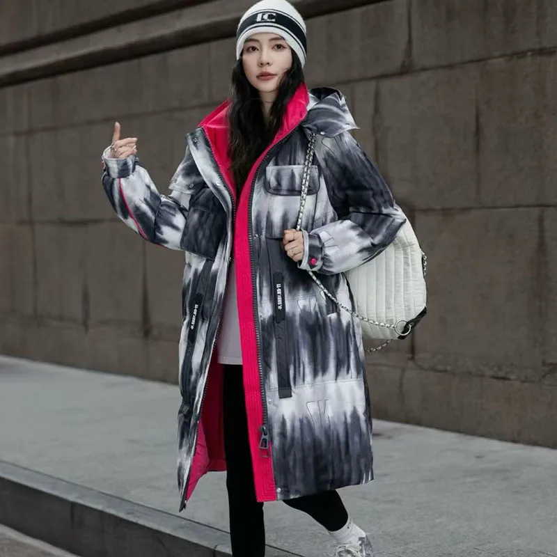 Chaqueta de plumón degradada para mujer, ropa de calle larga con capucha, chaqueta de plumón, abrigo de invierno súper caliente, Parka holgada coreana