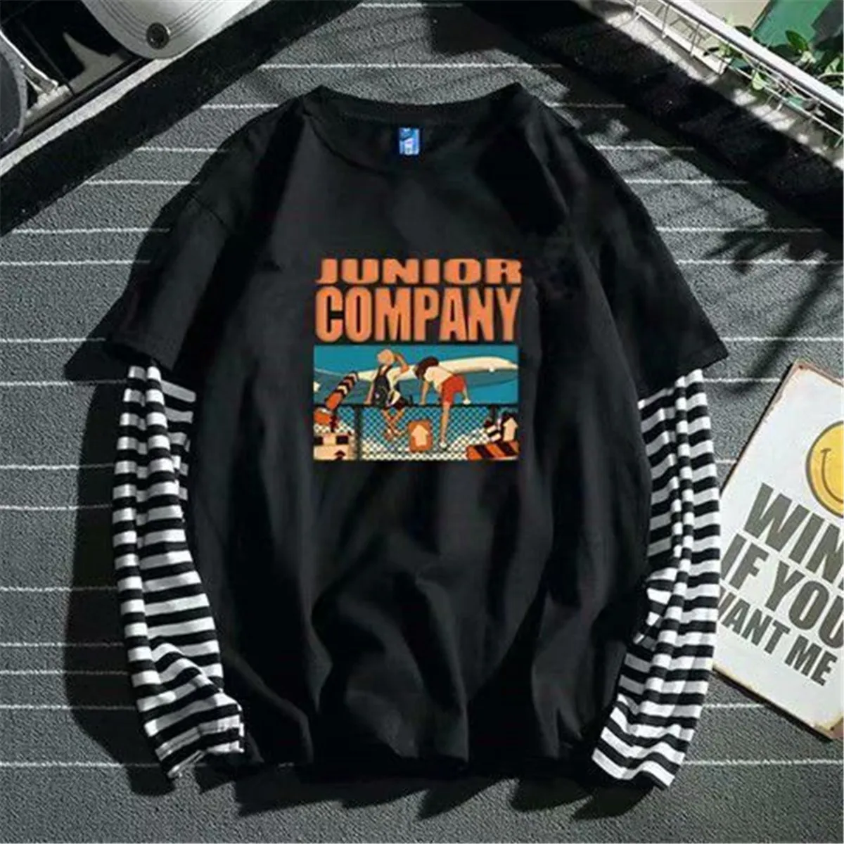 Neue Harajuku Schwarz-Weiß Gestreifte Y2K Langarm-T-Shirts in Unifarben für Herren und Damen, Herbst, Fake-Zweiteiler, Langarm, Locker Sitzend – Detail 4