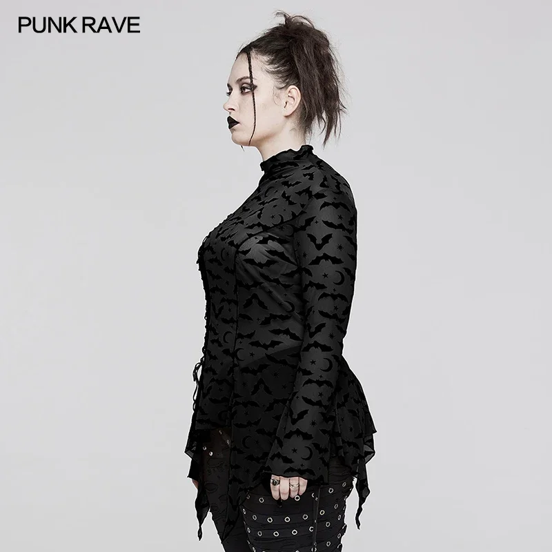 PUNK RAVE Women's Gothic Bat Mesh Small High Collar Long Sleeve Basic T-Shirt Irregular Hem Design Club Sexy Dark Tops