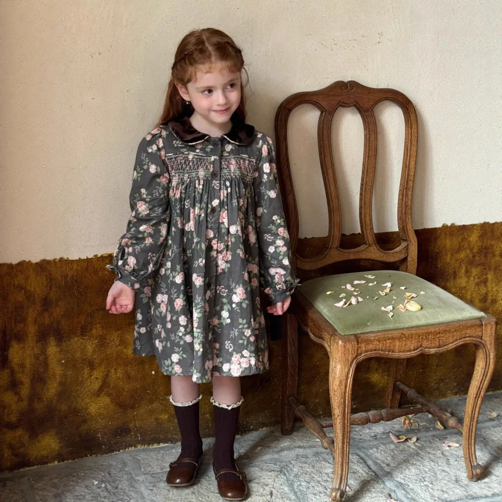 

UNITIM Children Girls Dress Autumn Flowered Pattern Toddler Kids Girls Princess Dress Ins Peter Pan Collar Little Girls Dress