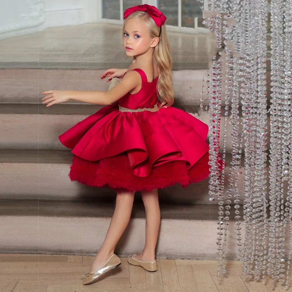 Flower Girl Dresses Customize Simple Square Collar Red Girls Pageant Dress Kids 2023 Winter Wedding Party Communion Gowns