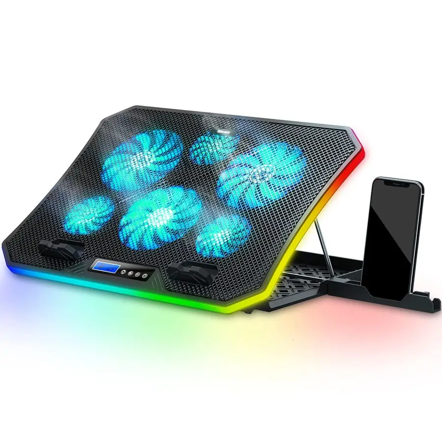 

Охлаждающая подставка для ноутбука C12 с RGB-подсветкой, игровой кулер для ноутбука, для использования на столе и на коленях, подставка-вентилятор для ноутбука с 8 регулируемыми уровнями высоты и 6 бесшумными вентиляторами