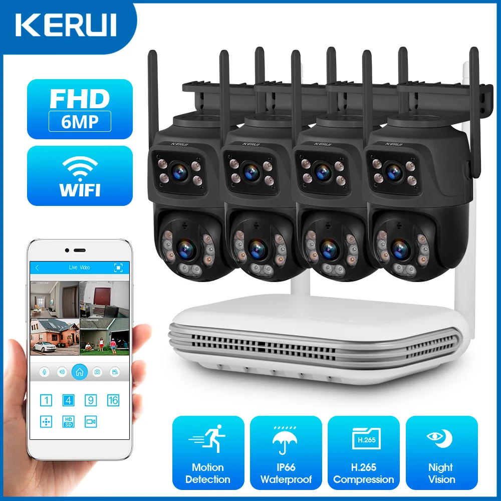 

Комплект видеонаблюдения KERUI 8CH NVR с 6-мегапиксельными HD-камерами с двумя объективами, Wi-Fi, беспроводная система безопасности для дома, ночное видение