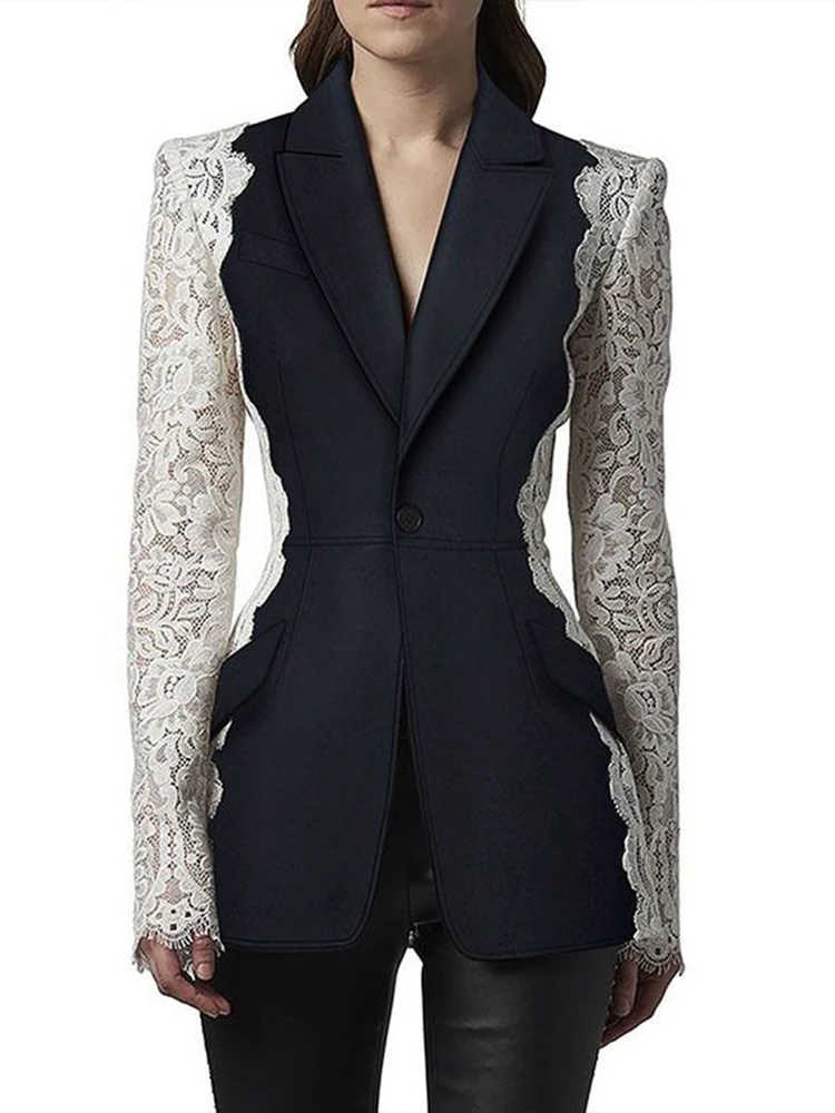 HIGH STREET 2024 Newest Fashion Designer Jacket Women\'s Stylish Color Block Lace Patchwork Blazer